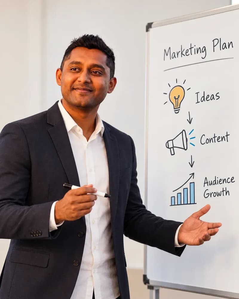 jesse presenting a marketing plan on a whiteboard